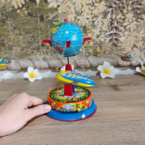 Vintage Tin Litho Globe Carousel Ride Rocket Riders by Josef Wagner West Germany - Picture 6 of 8